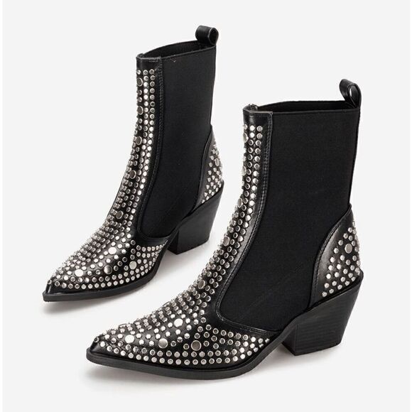 Studded Ankle Boots Block Chunky Heels Chelsea Shoes Slip On SIZE 6,5 NEW IN BOX - Picture 1 of 17